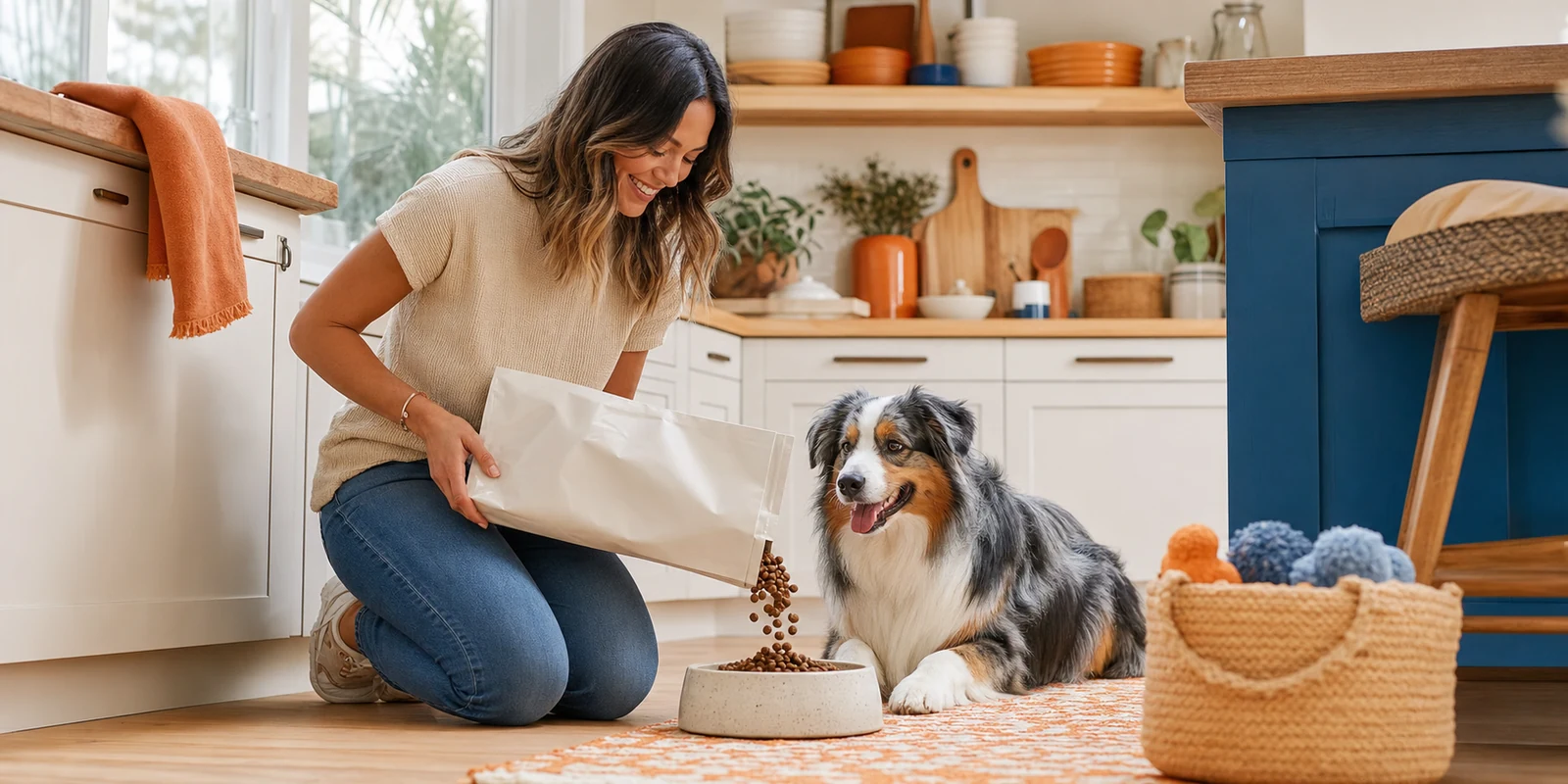 Dog owner filling a food bowl in a bright kitchen