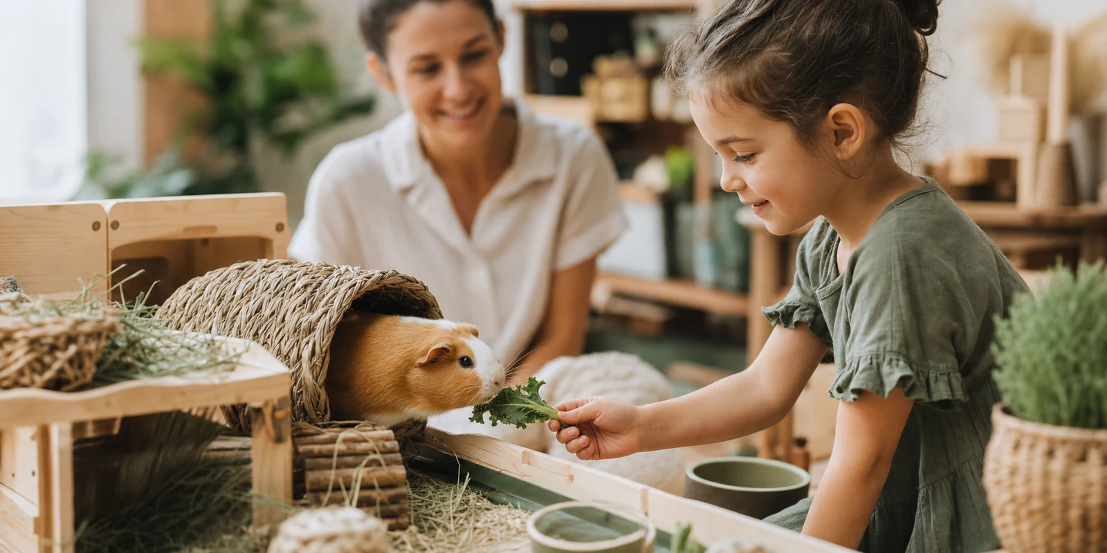 Child feeding a guinea pig fresh greens at home