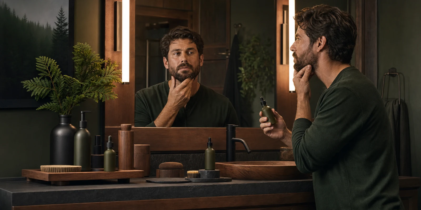 Morning grooming routine at a dark bathroom counter