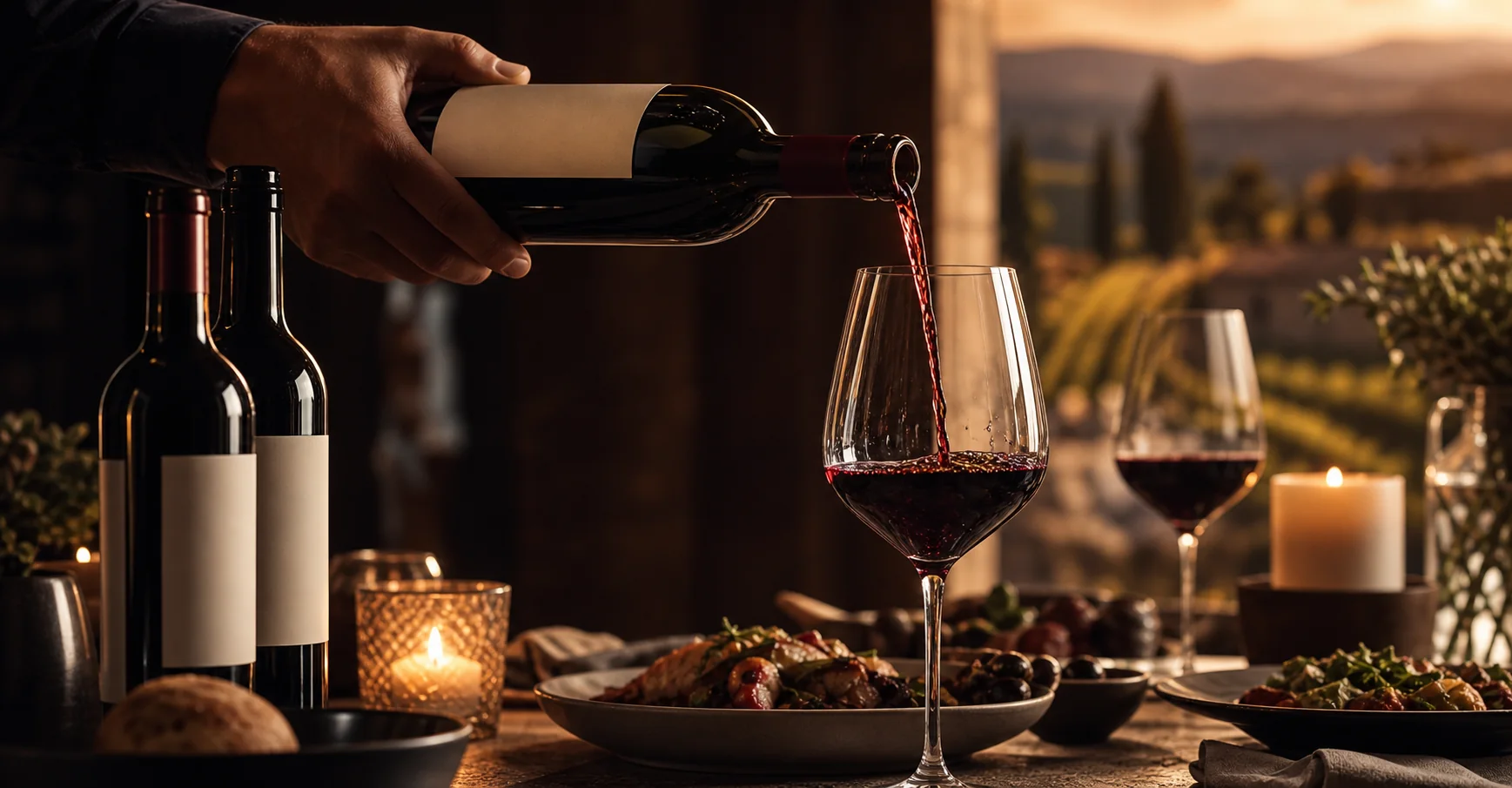 A hand pouring red wine into a glass at a dinner table