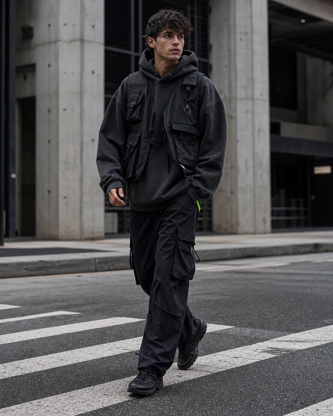 Model wearing a full streetwear look on a city street