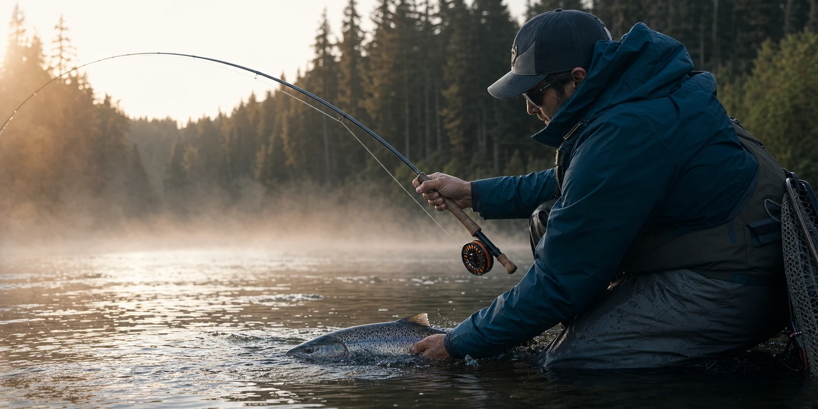 Angler reeling in a catch on a misty river