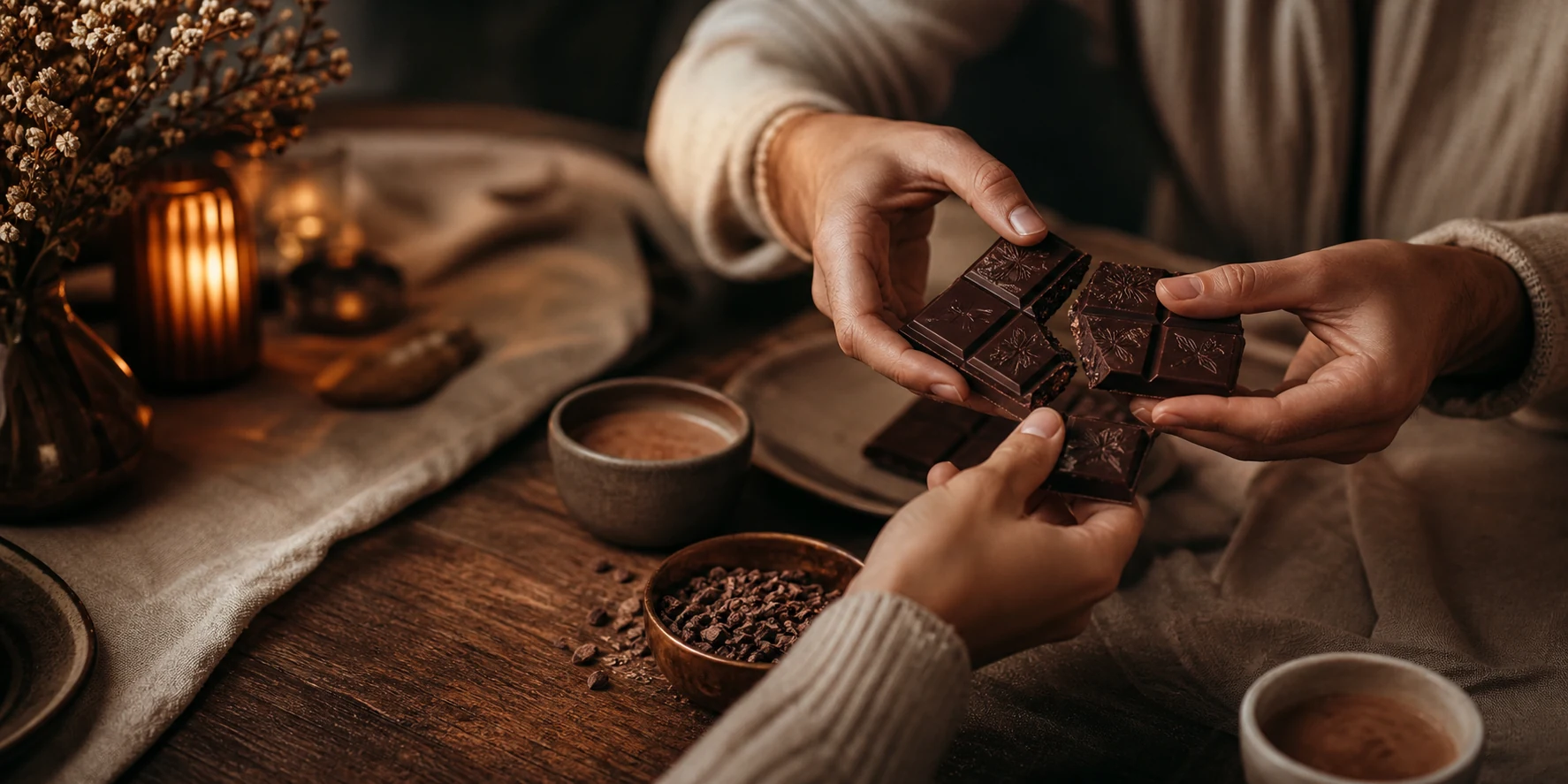 Hands breaking a chocolate bar at a wooden table