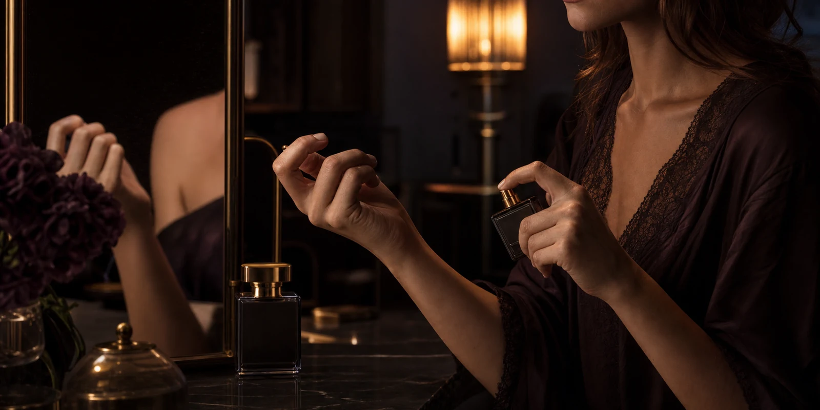 Perfume bottle catching evening light on a vanity