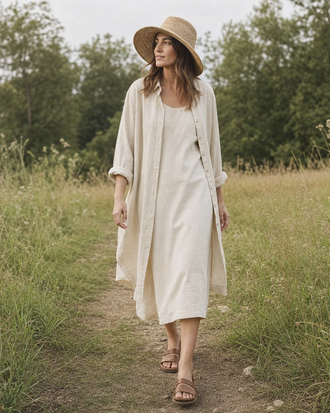 Model in earthy natural-fiber clothing outdoors
