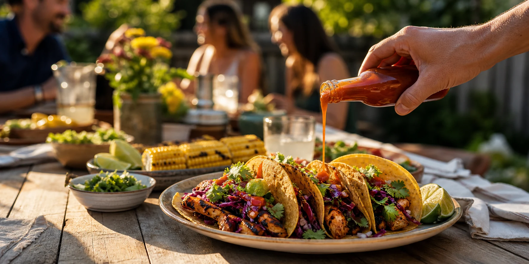 Hand drizzling hot sauce over tacos at a backyard table
