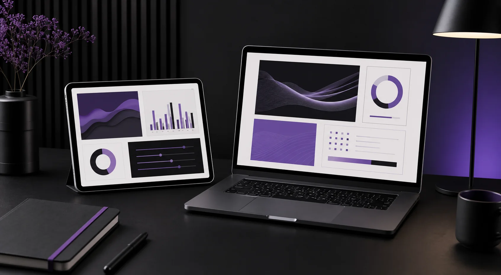 A tablet and laptop showing digital templates on a minimal desk