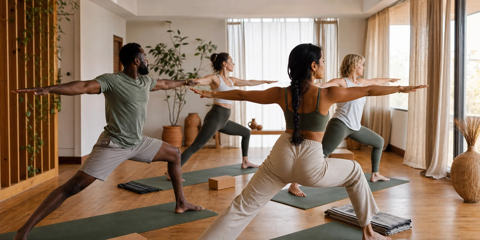 Group yoga class in a sunlit studio