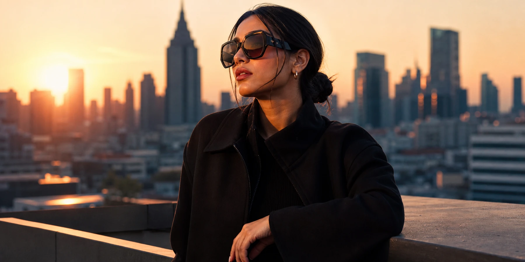 A person wearing oversized sunglasses on a rooftop at golden hour