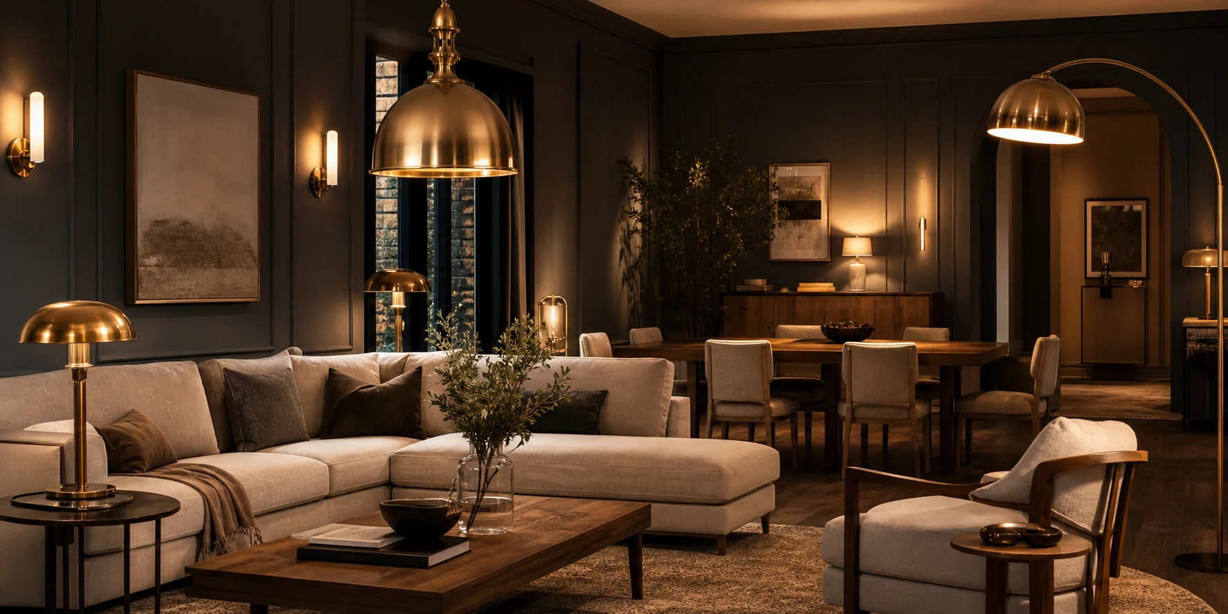 Warm evening glow across a styled living space