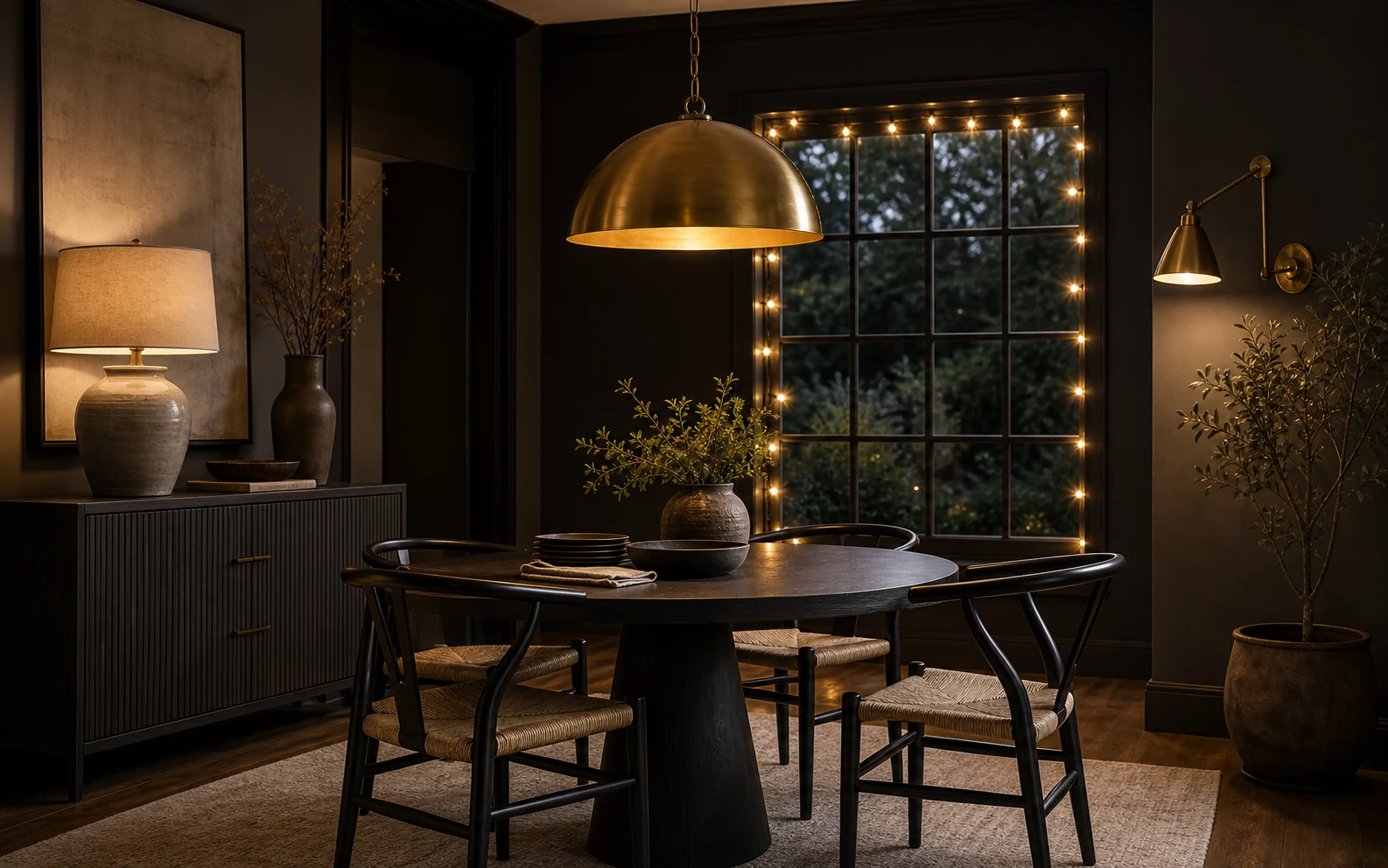 Styled dining nook with pendant light, table lamp, wall sconce and string lights