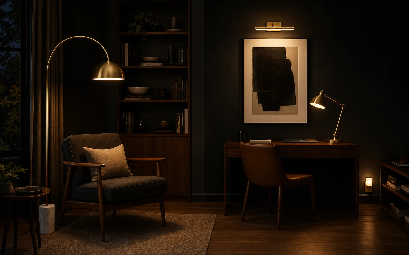 Styled reading corner with floor lamp, desk lamp, picture light and night light
