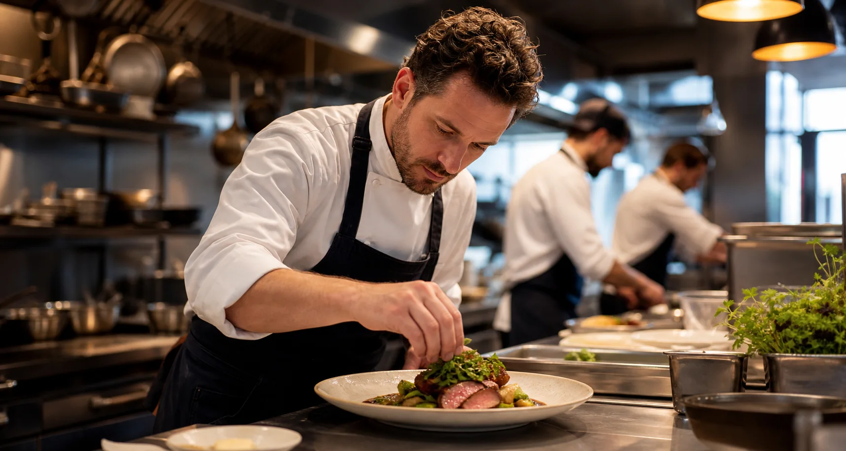 A chef plating food in a busy commercial kitchen
