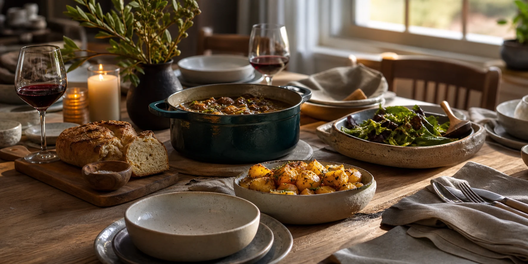 Sunday dinner table set with stoneware and linen