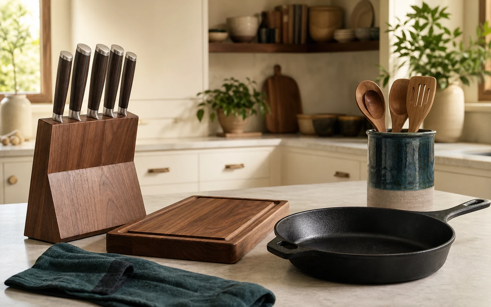 Styled kitchen counter with knife set, cutting board, cast iron skillet and utensil crock