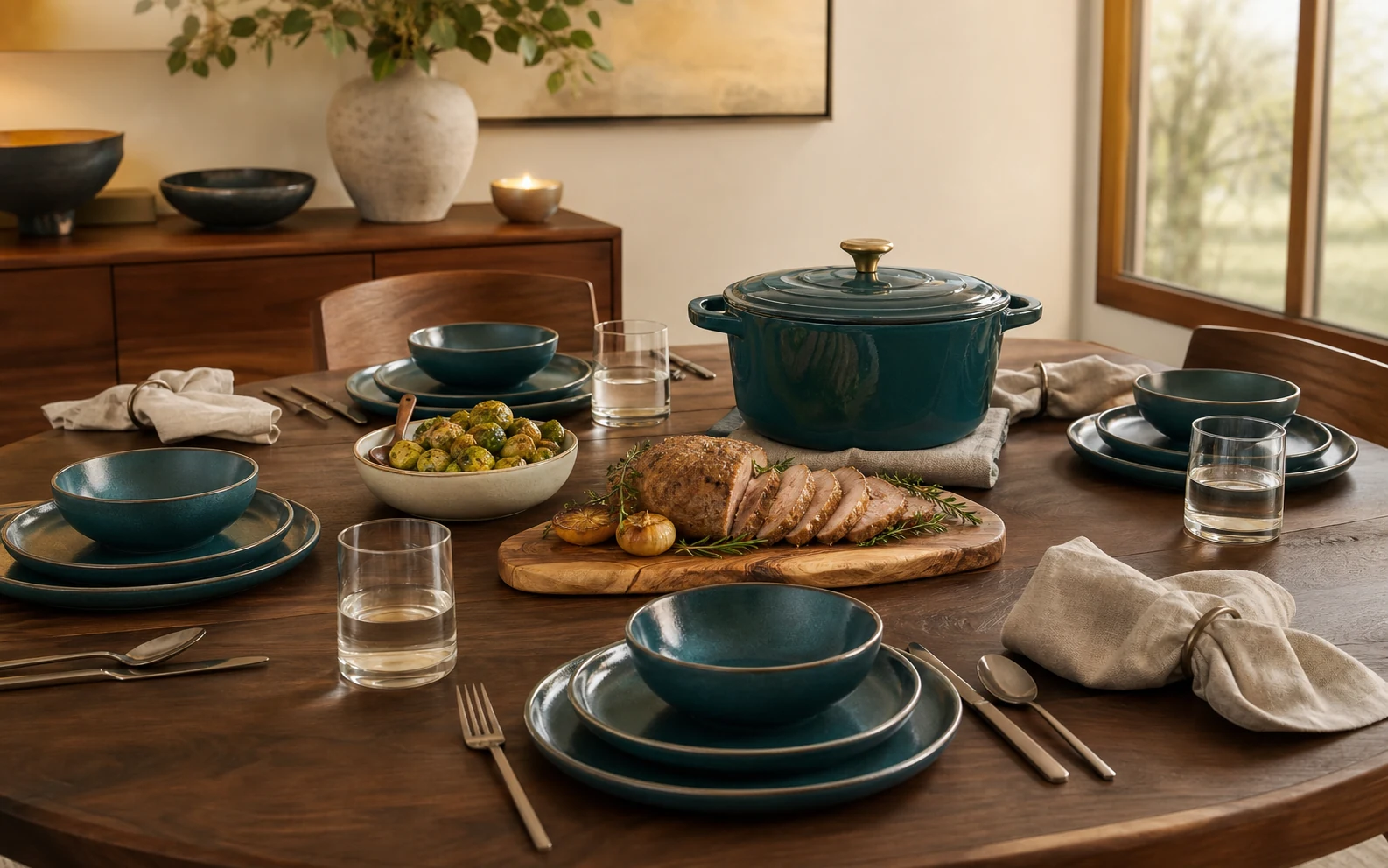 Styled dining table with stoneware dinnerware, linen napkins, serving board and dutch oven
