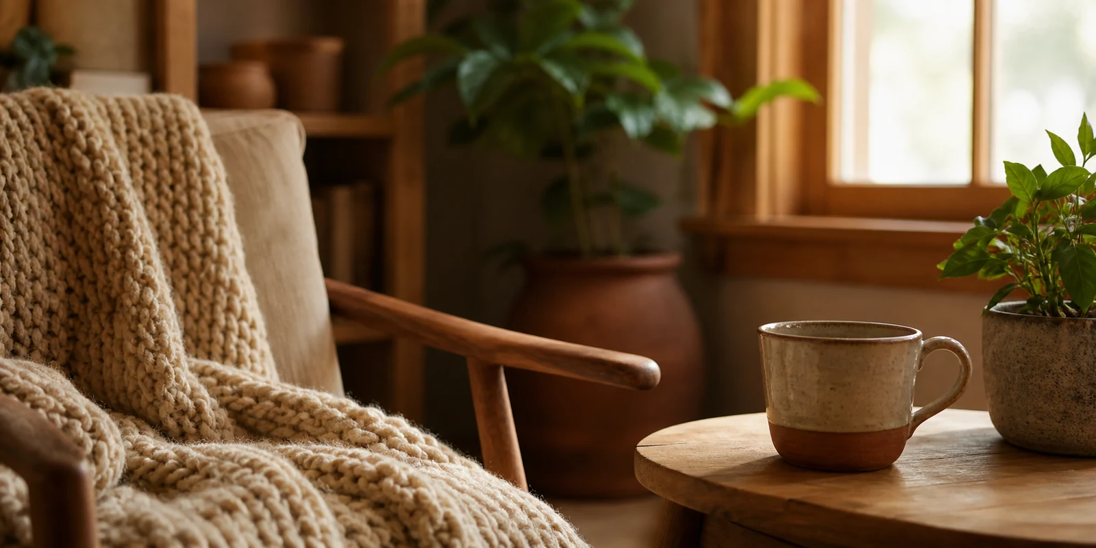 A handwoven throw blanket and ceramic mug on a reading chair