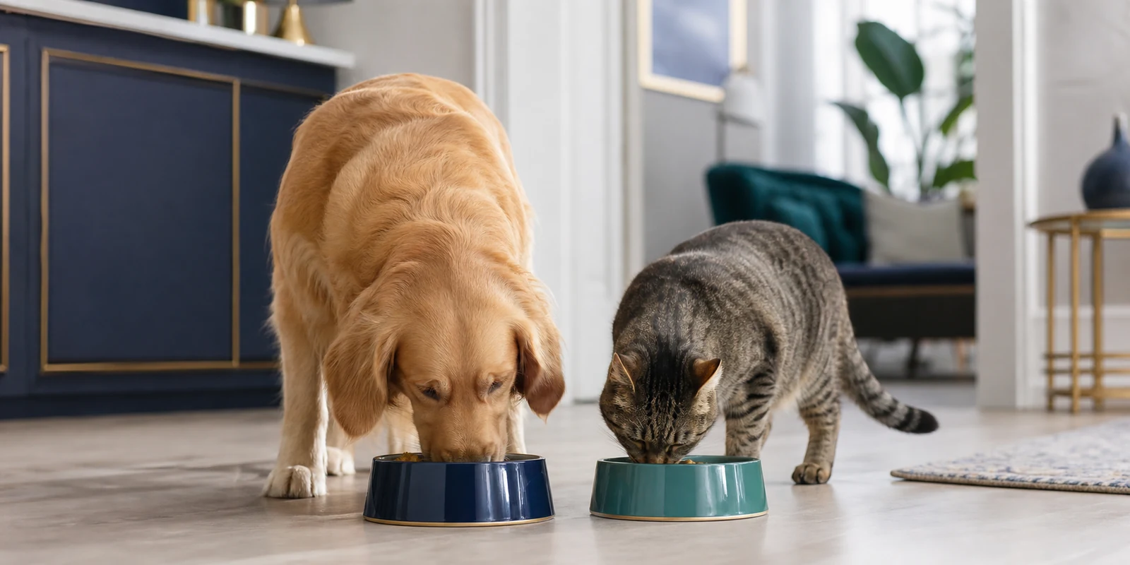 Dog and cat eating side by side from their bowls