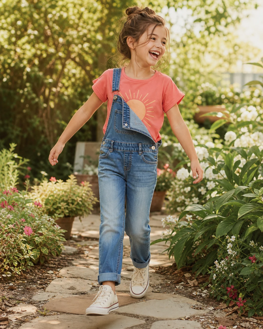 Child laughing in colorful playwear outdoors