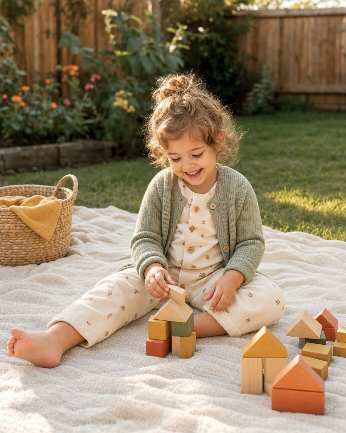 Toddler playing in a sunny backyard
