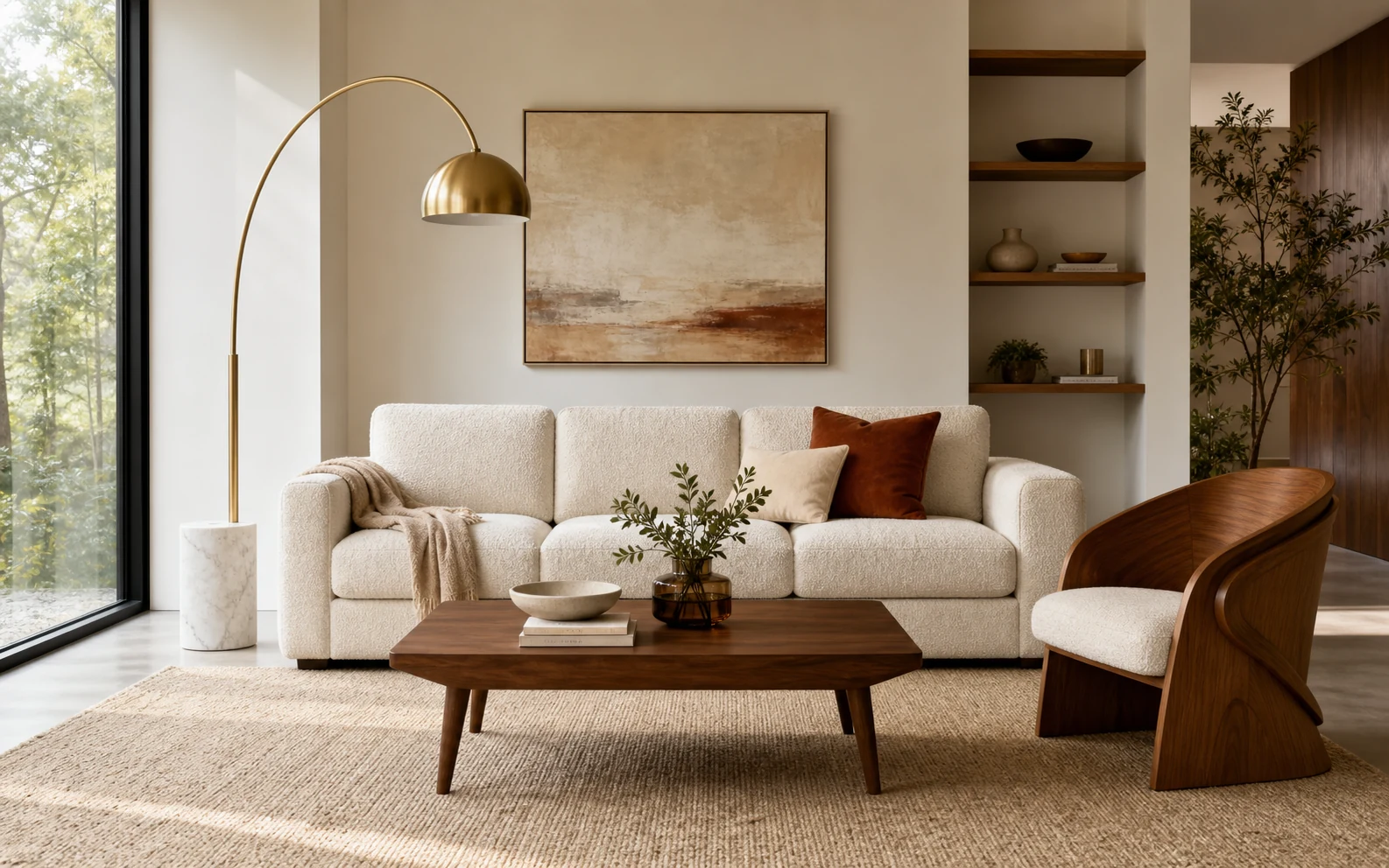 Styled living room with sofa, coffee table, accent chair and floor lamp
