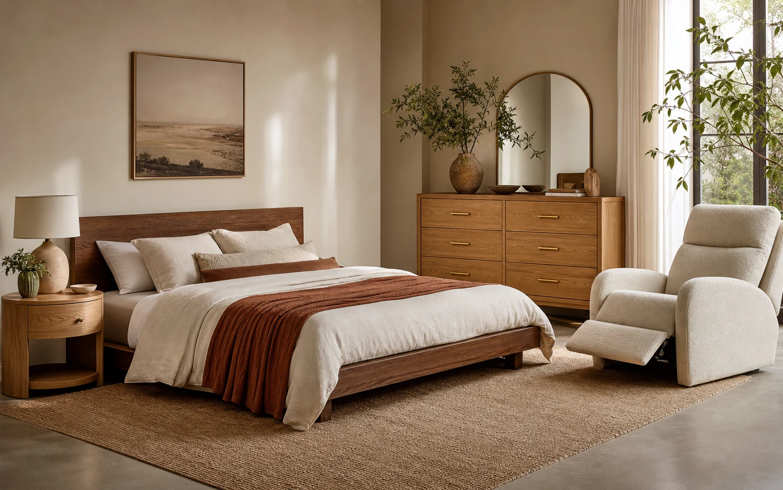 Styled bedroom with bed frame, nightstand, dresser and reading chair