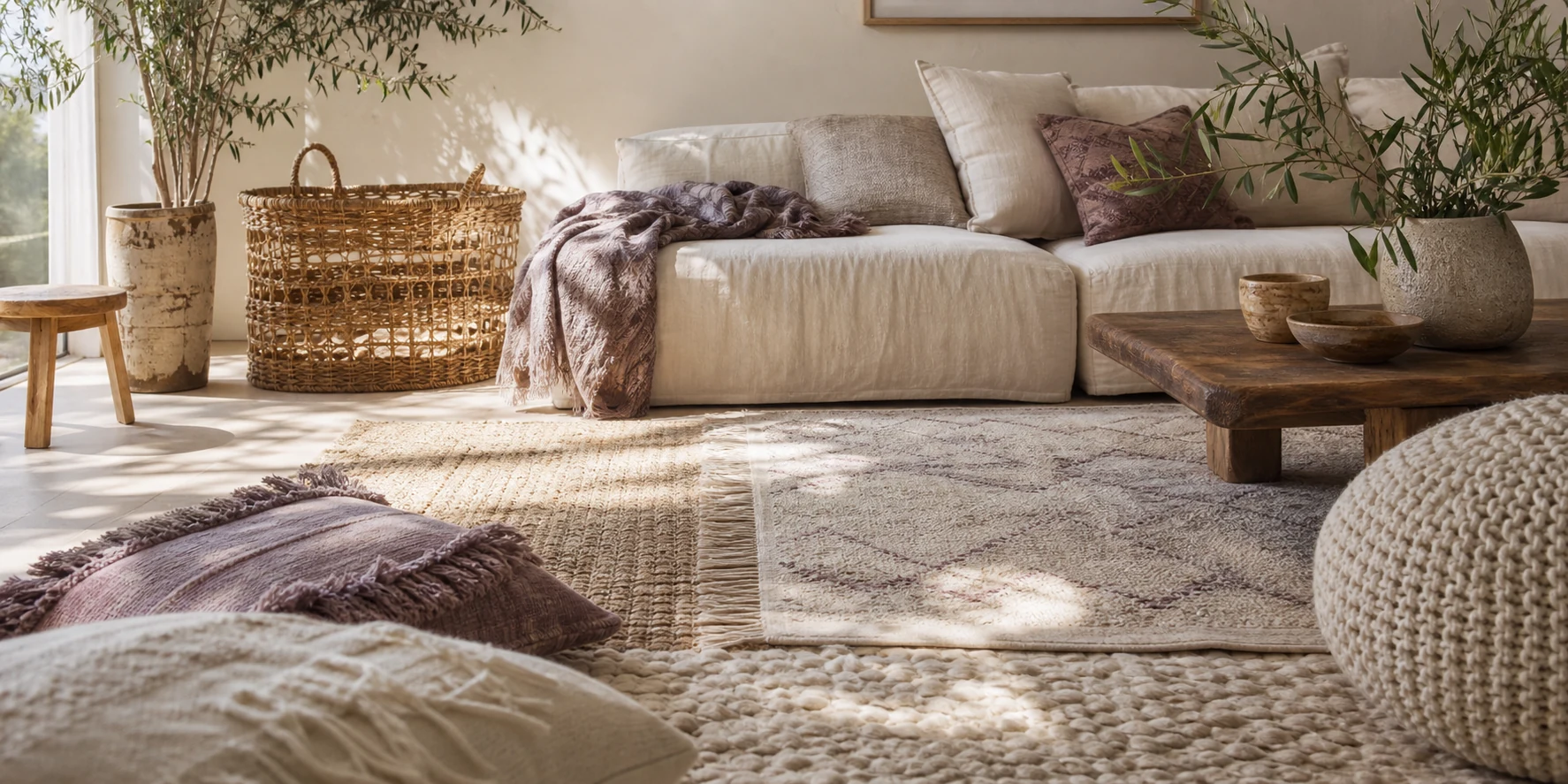 Soft afternoon light across layered rugs and textiles