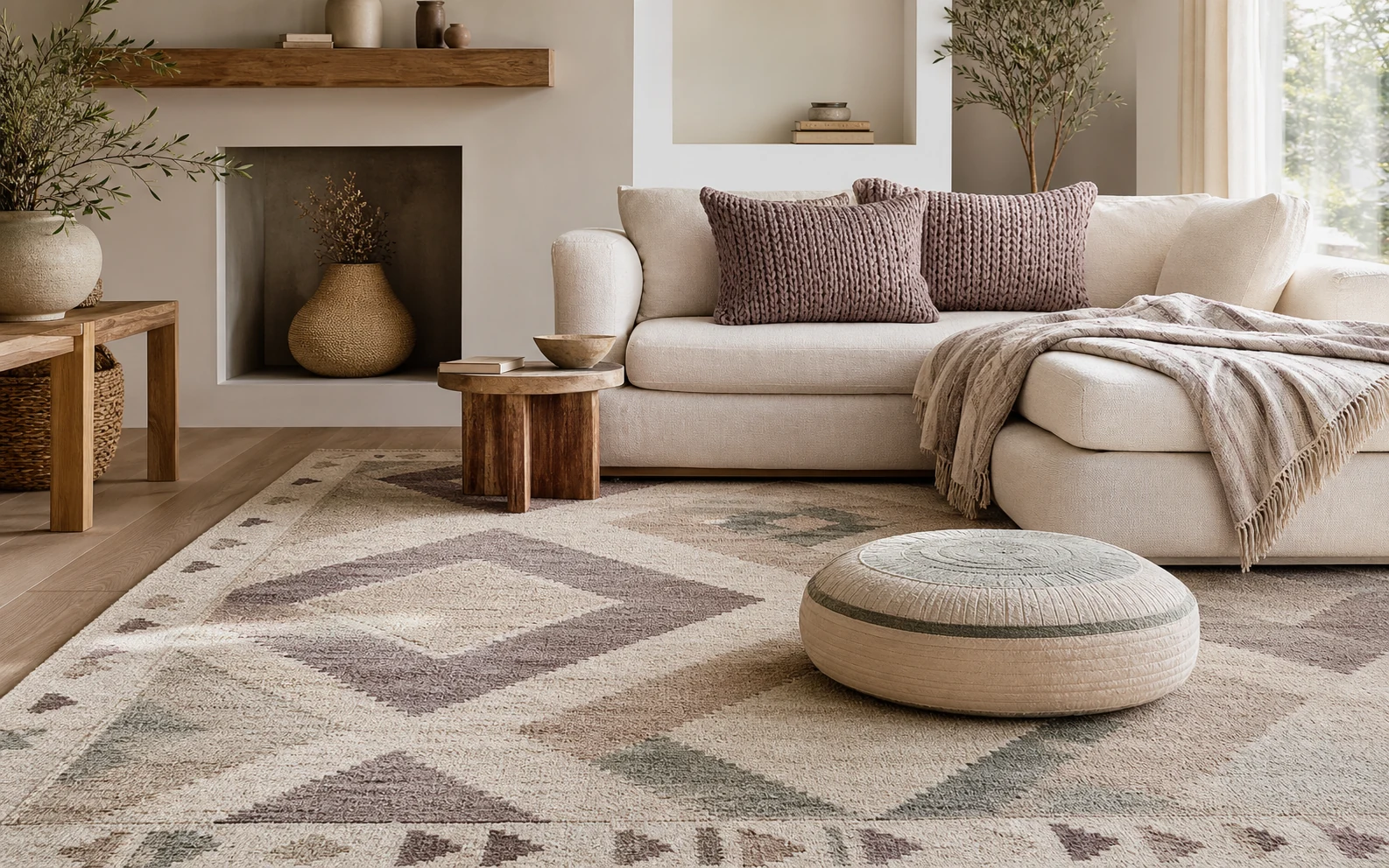 Styled living room floor with area rug, throw pillows, woven throw and floor cushion