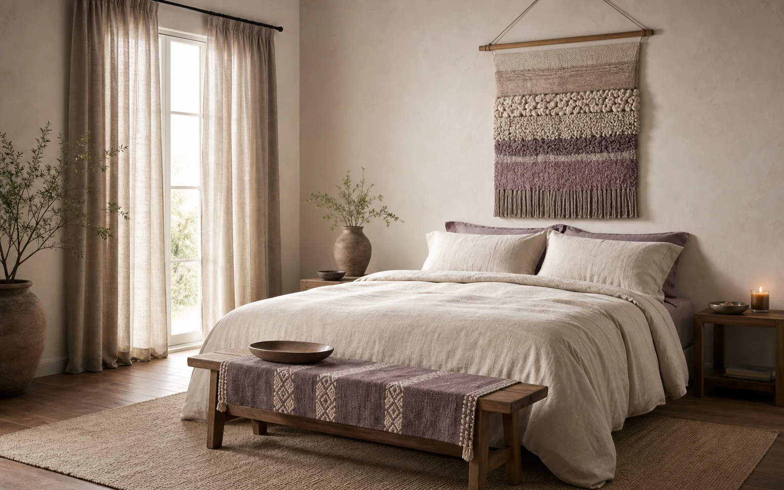 Styled bedroom with duvet cover, curtains, table runner and wall tapestry