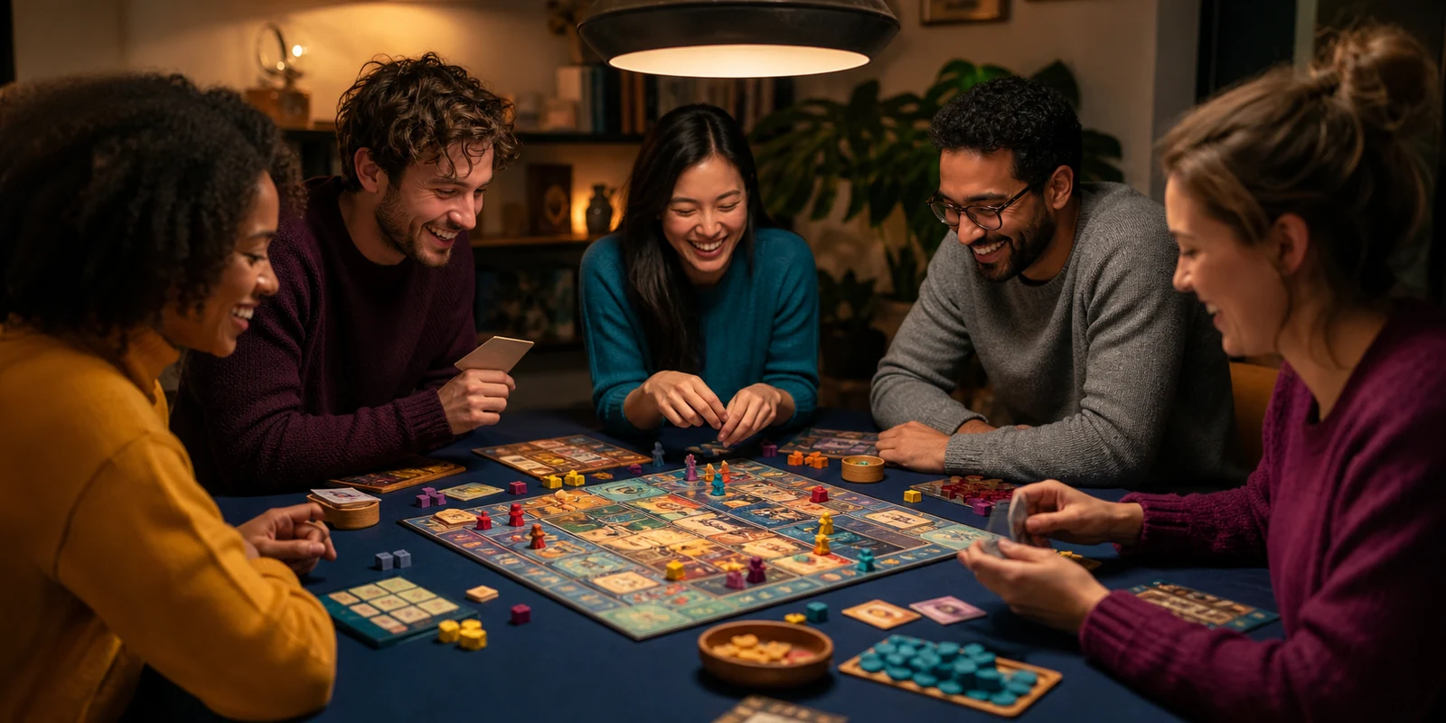 Friends gathered around a table playing a board game at night