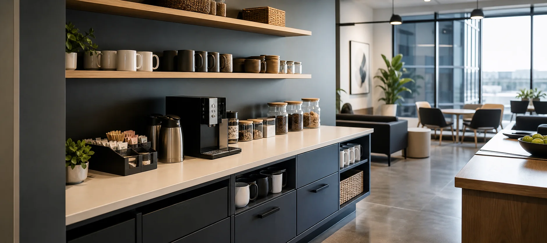 An office break room with coffee supplies and organized shelves