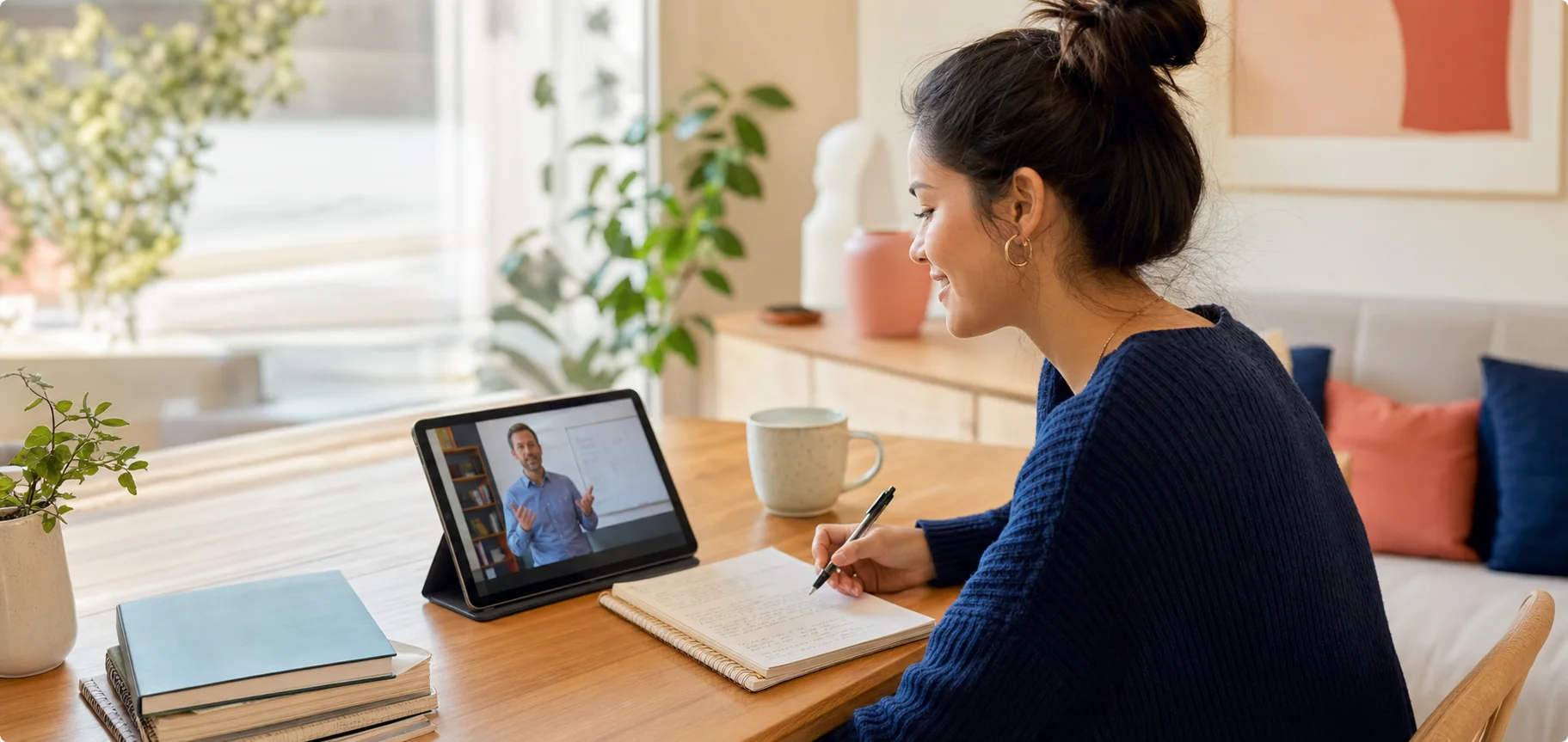 A student watching an online course video on a tablet with notes