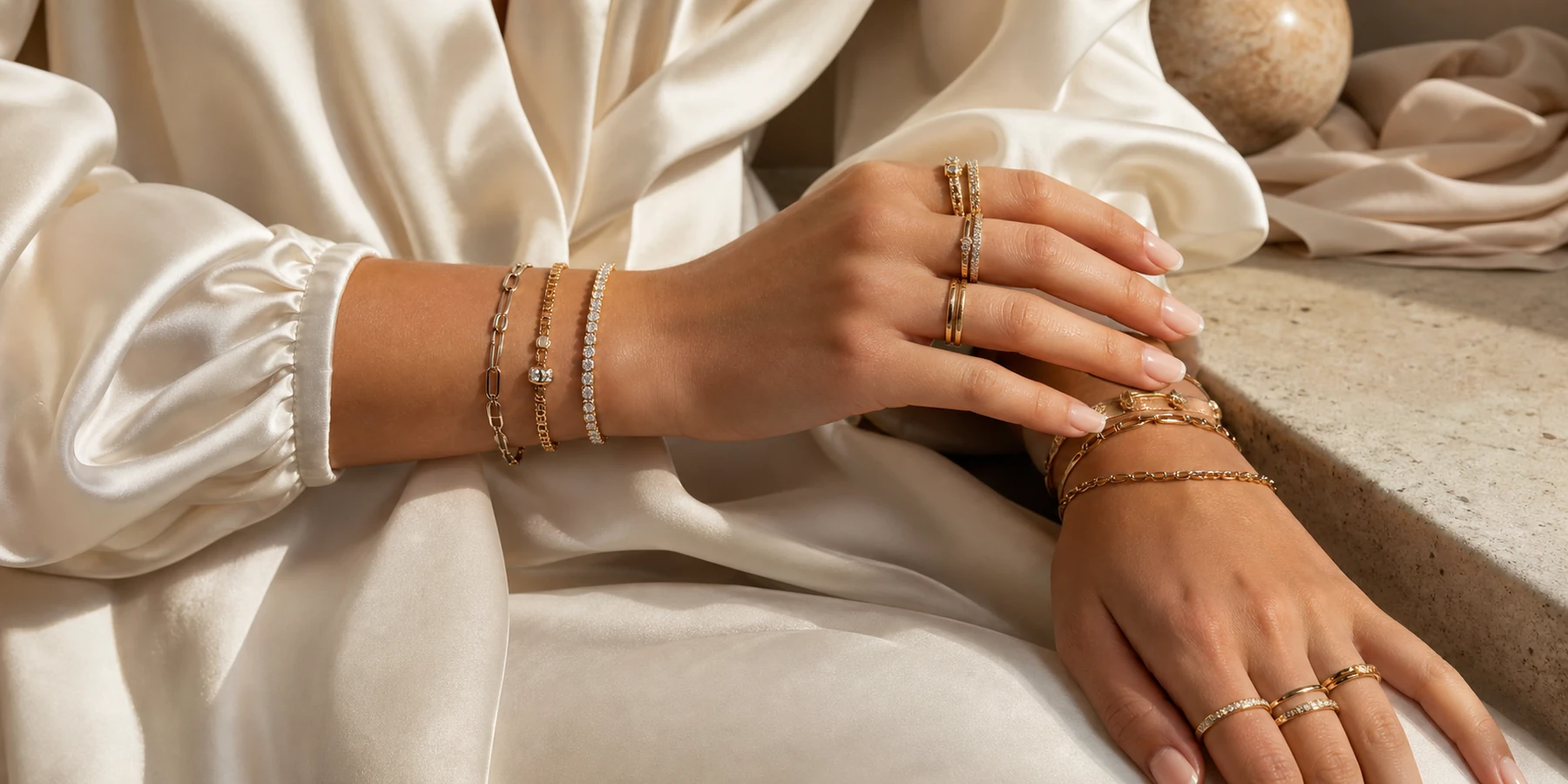 Elegant hands wearing layered gold rings and bracelets
