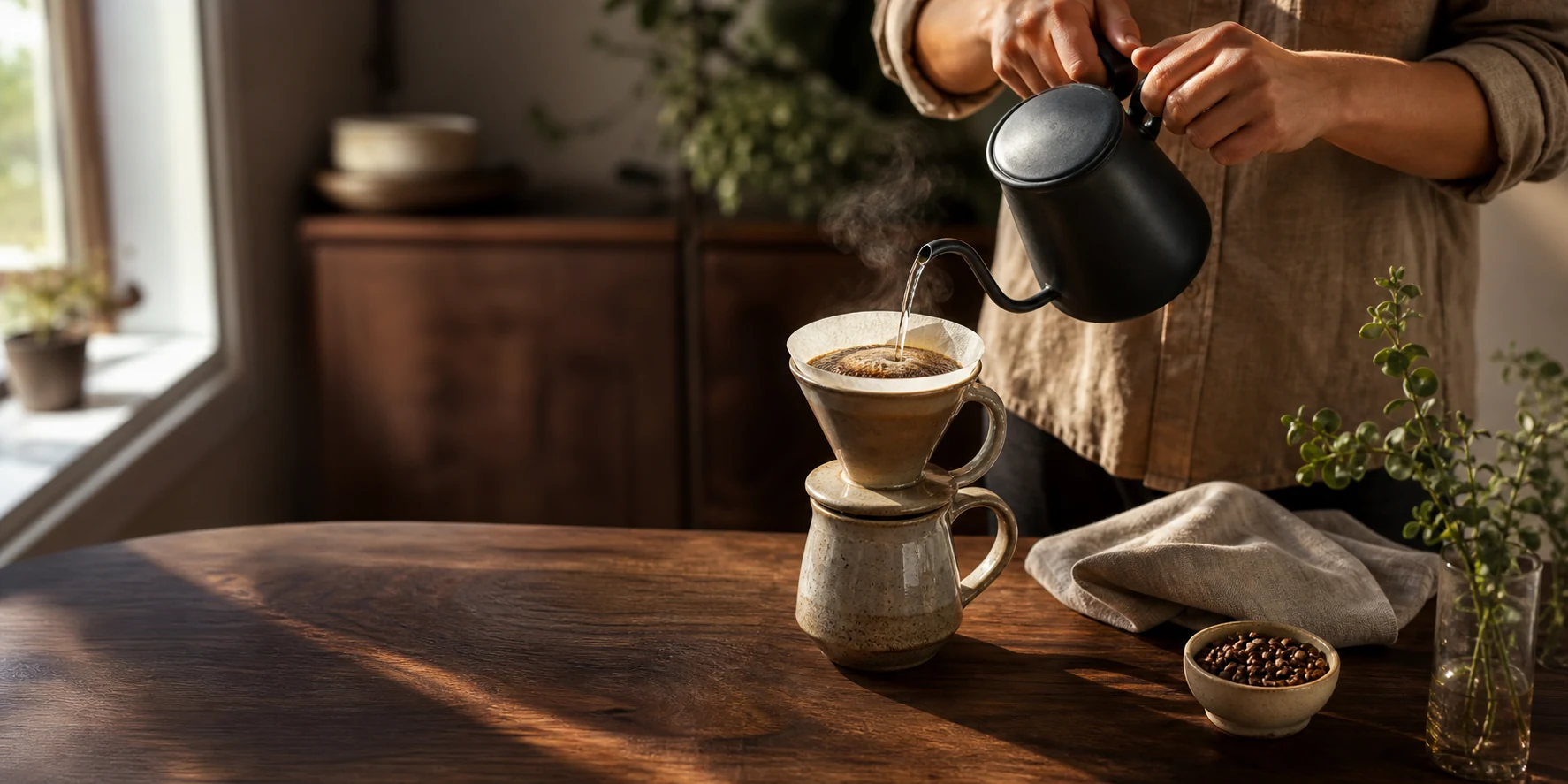 Cozy morning coffee pour-over on a wooden table
