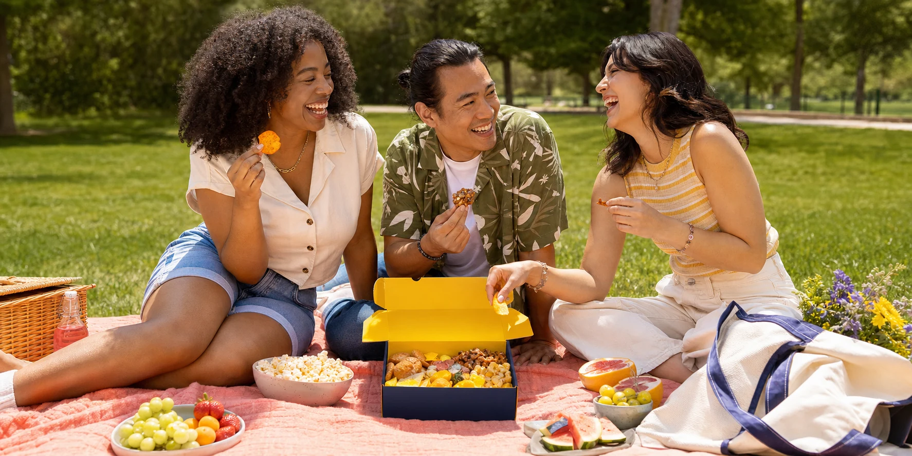 Friends sharing snacks from a Pantry Pass box at a picnic