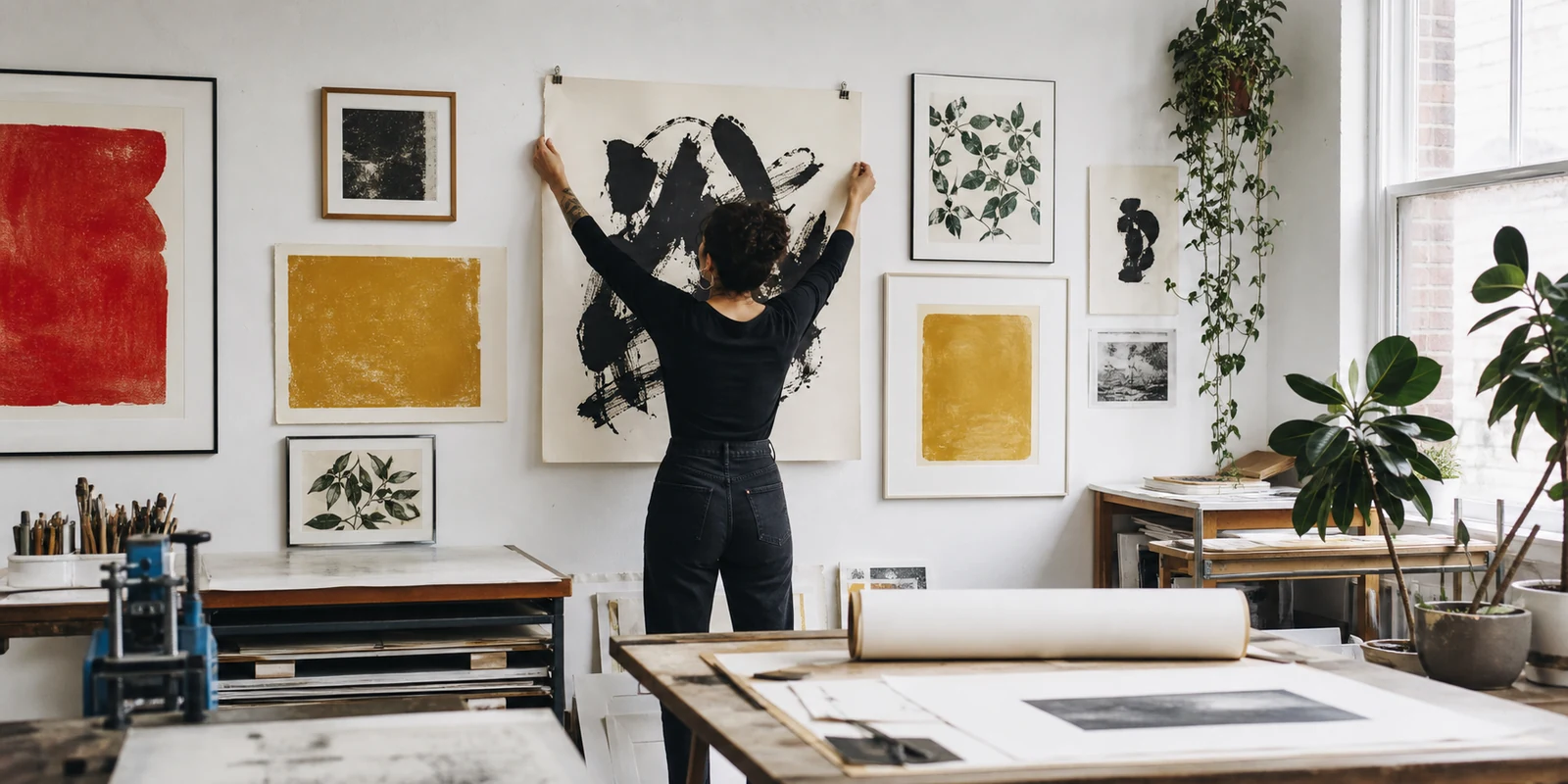 A living room wall styled with framed art prints
