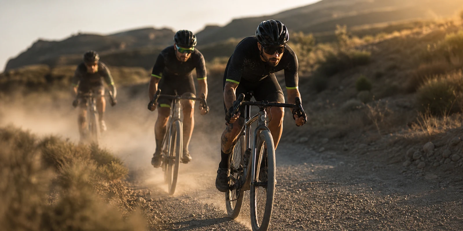 Cyclists riding a gravel road at golden hour