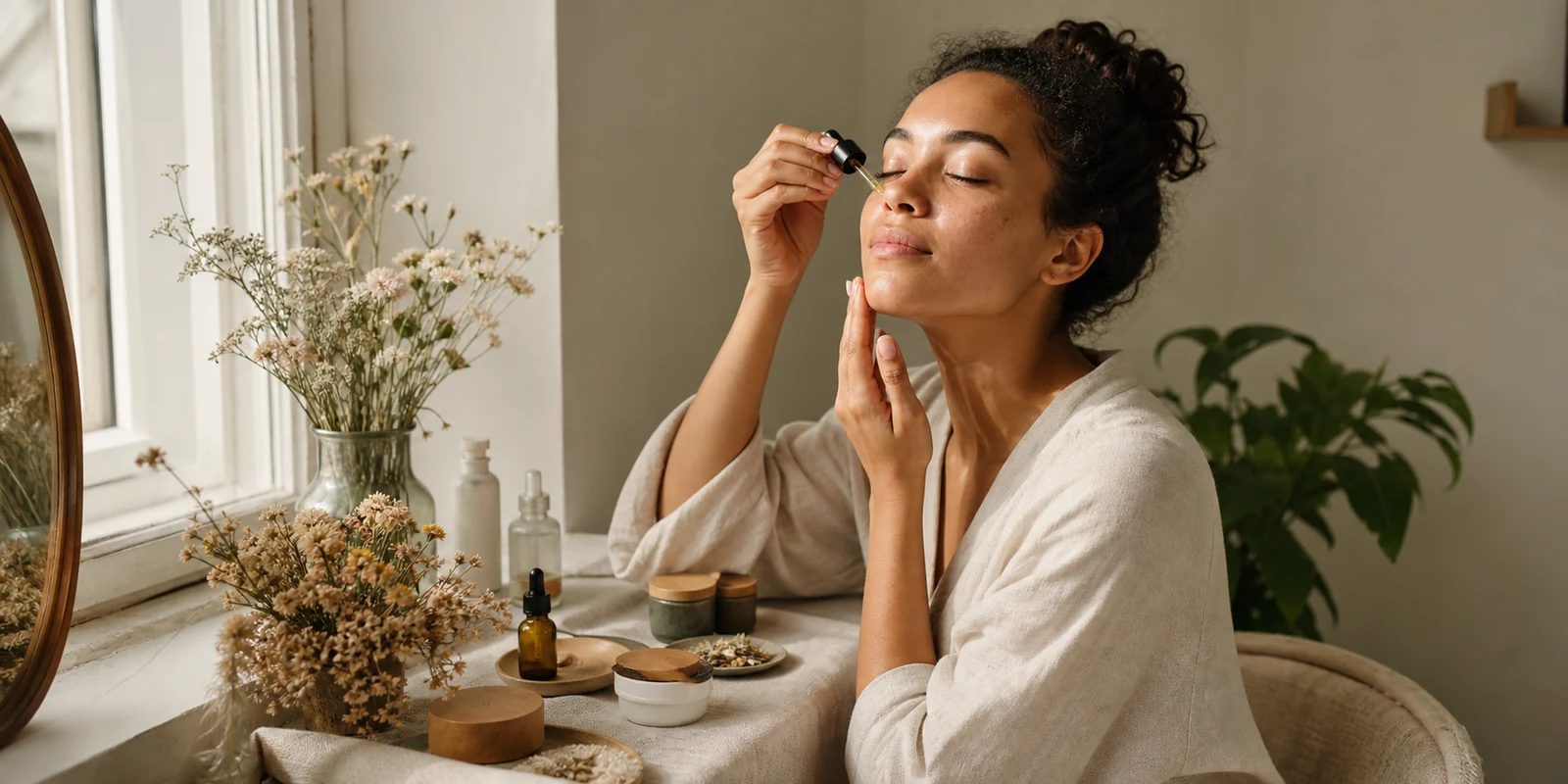 Botanical skincare routine with dried flowers, natural light