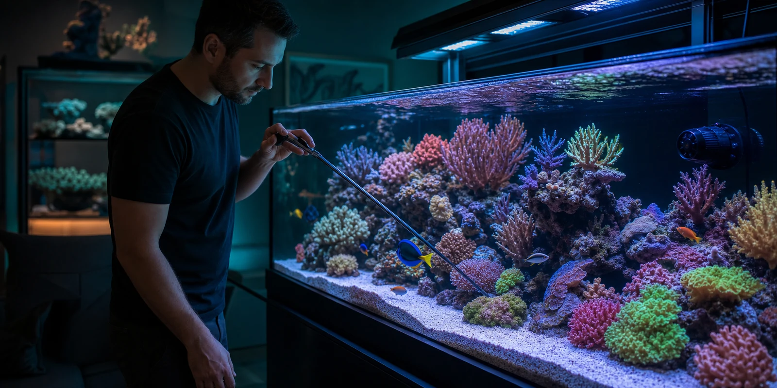 Person maintaining a home reef aquarium