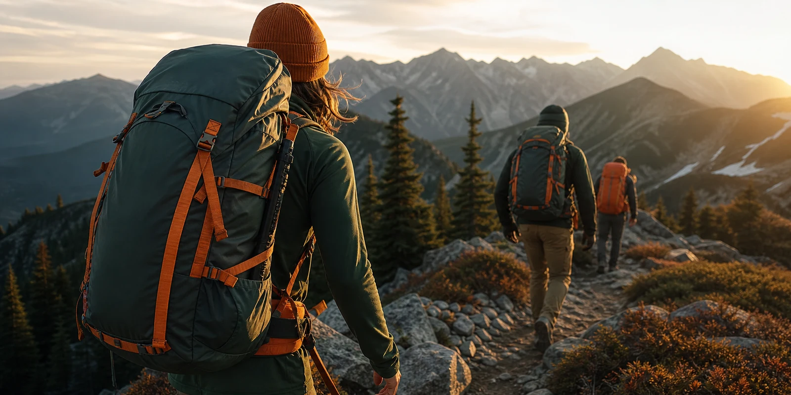 Backpackers hiking a mountain ridge trail