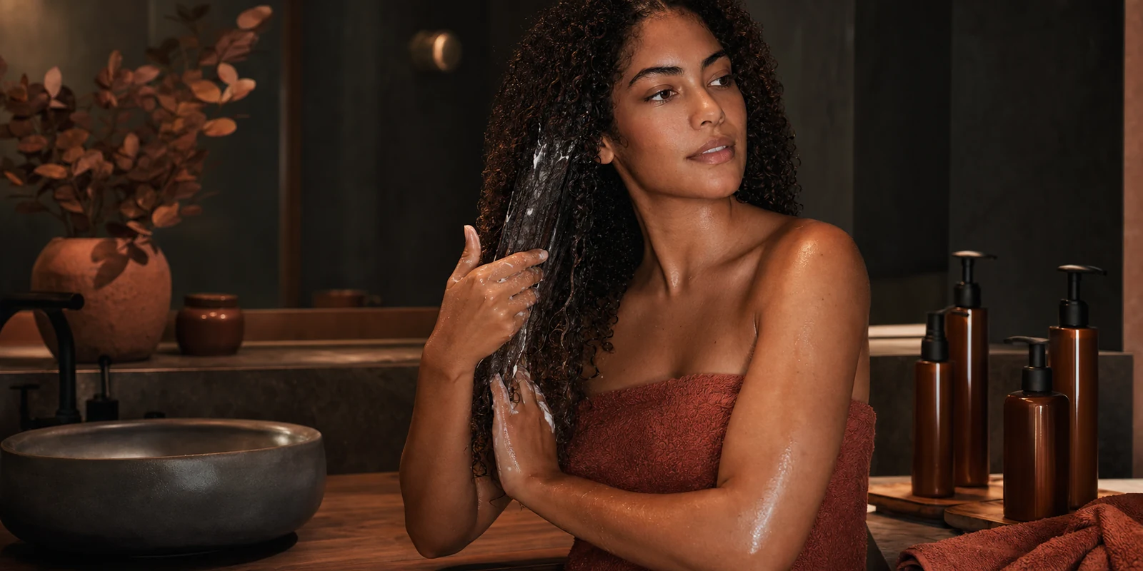 Hair care routine at a bathroom vanity