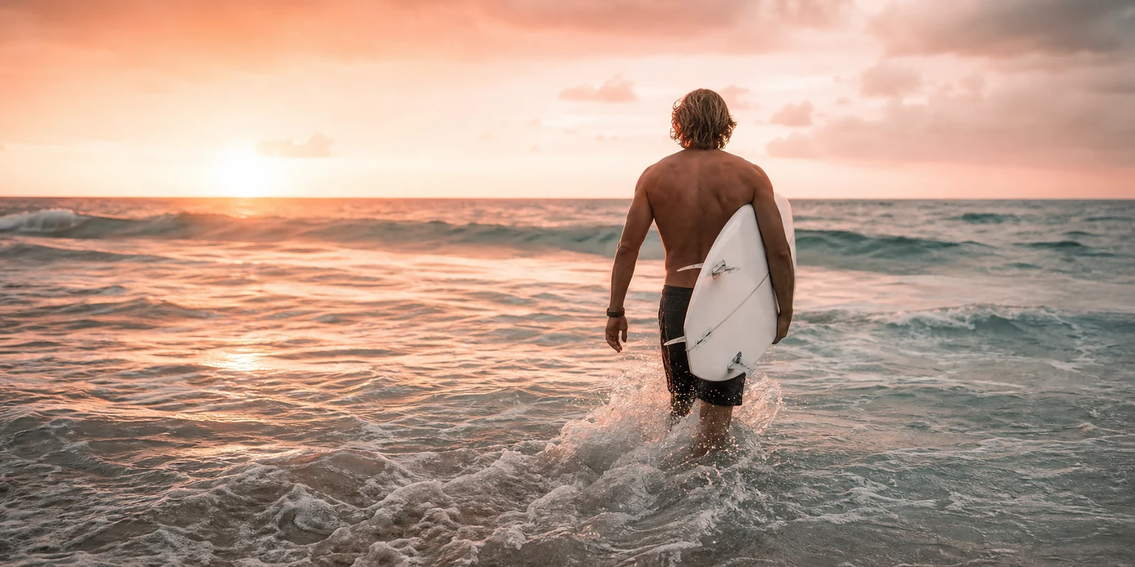 Surfer walking into the waves at golden hour