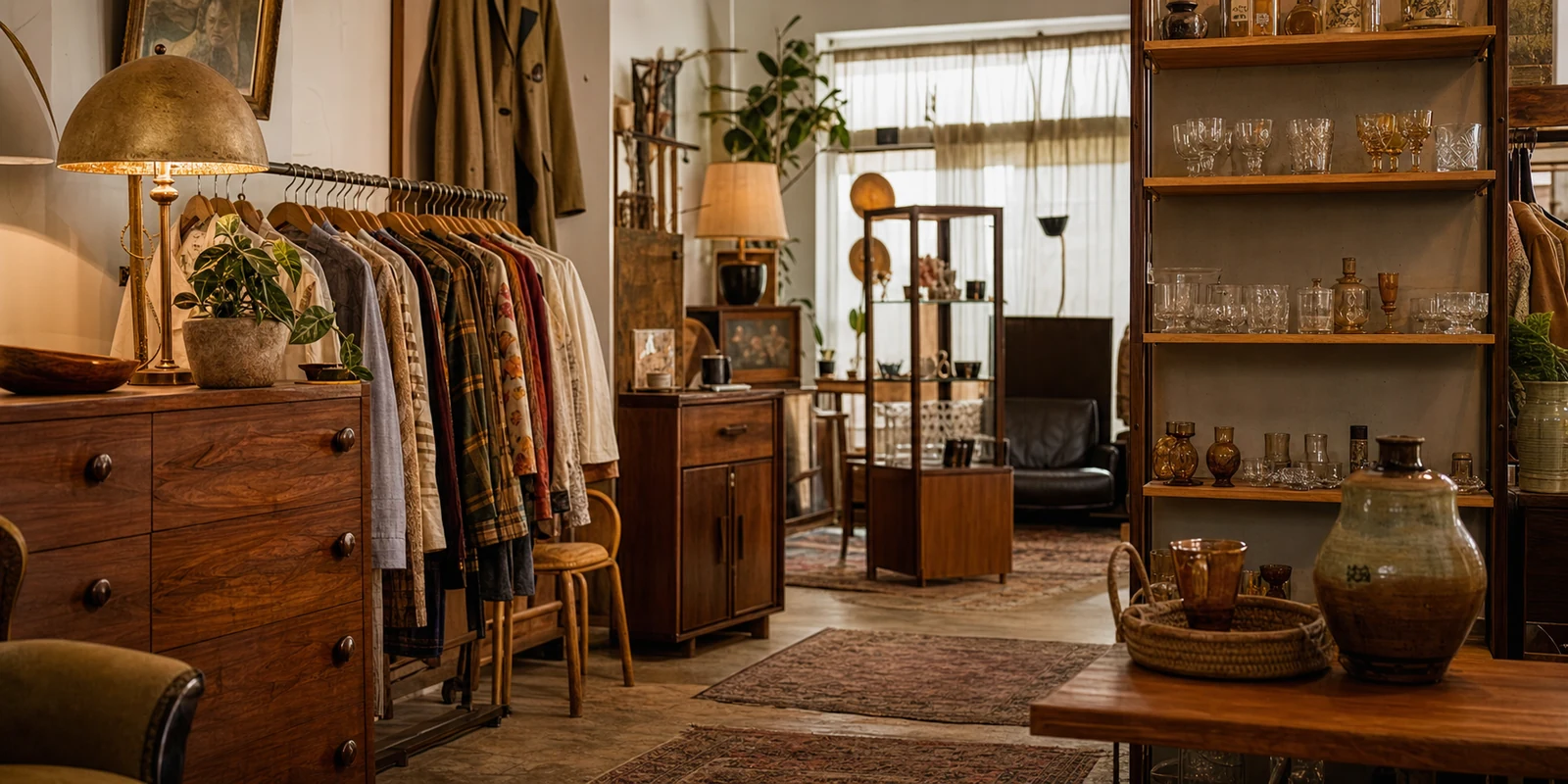 A curated vintage thrift shop interior with racks and shelves