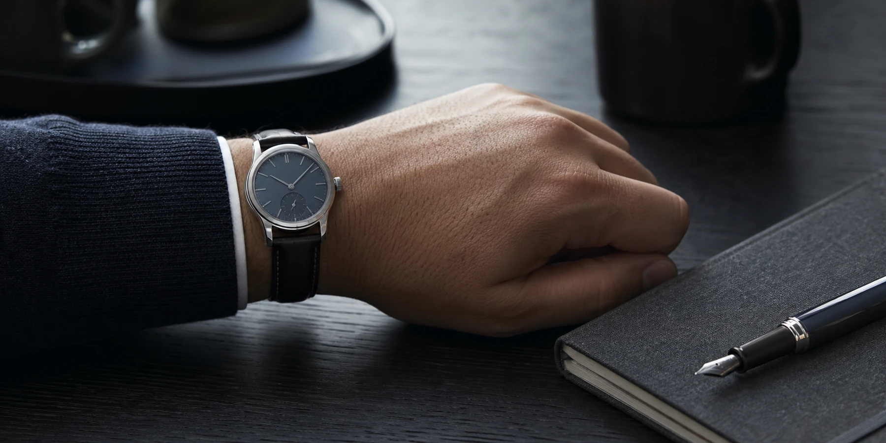 A wrist wearing a leather-strap watch resting on a desk