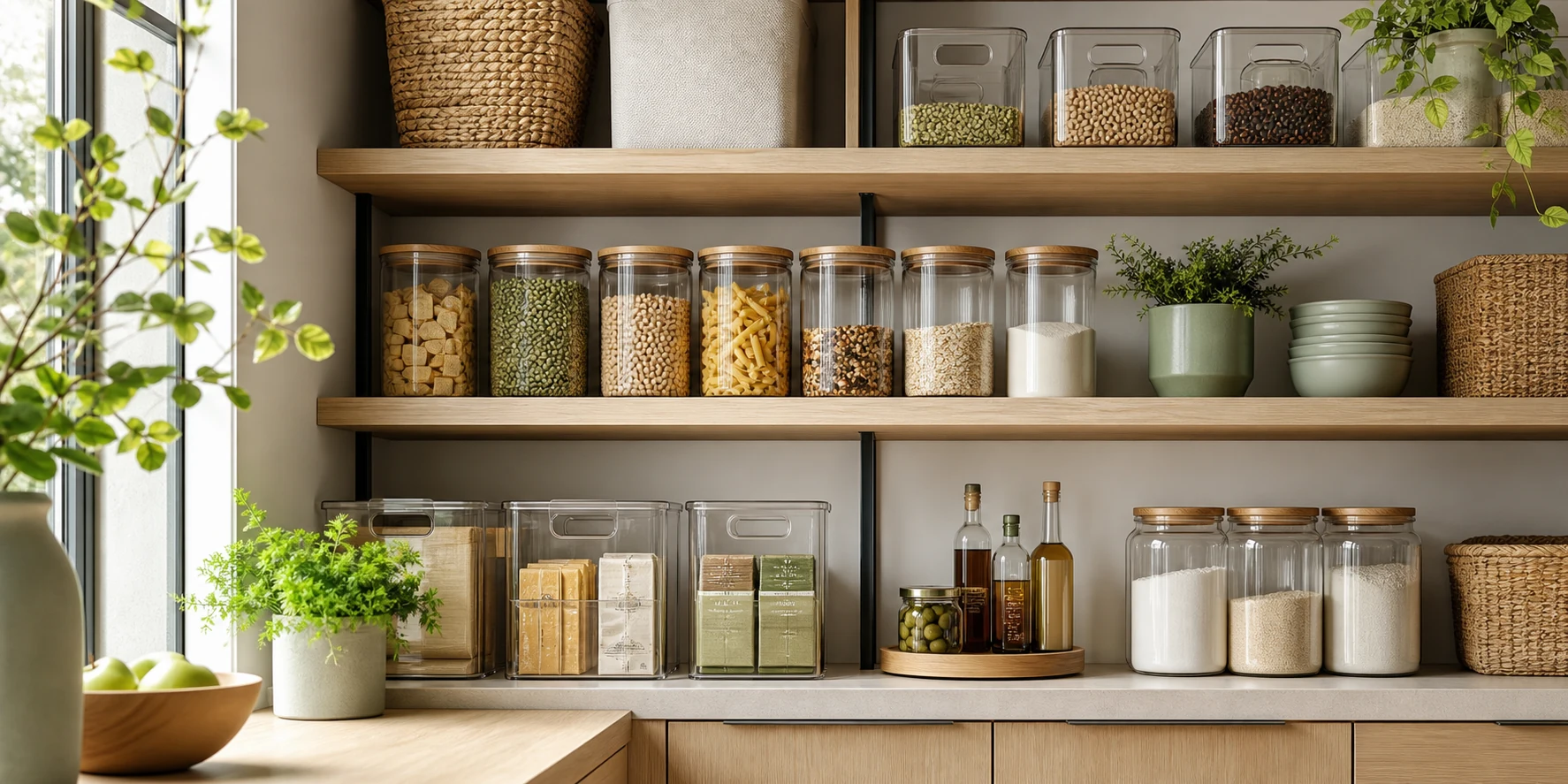 Calm, tidy pantry shelves in soft natural light