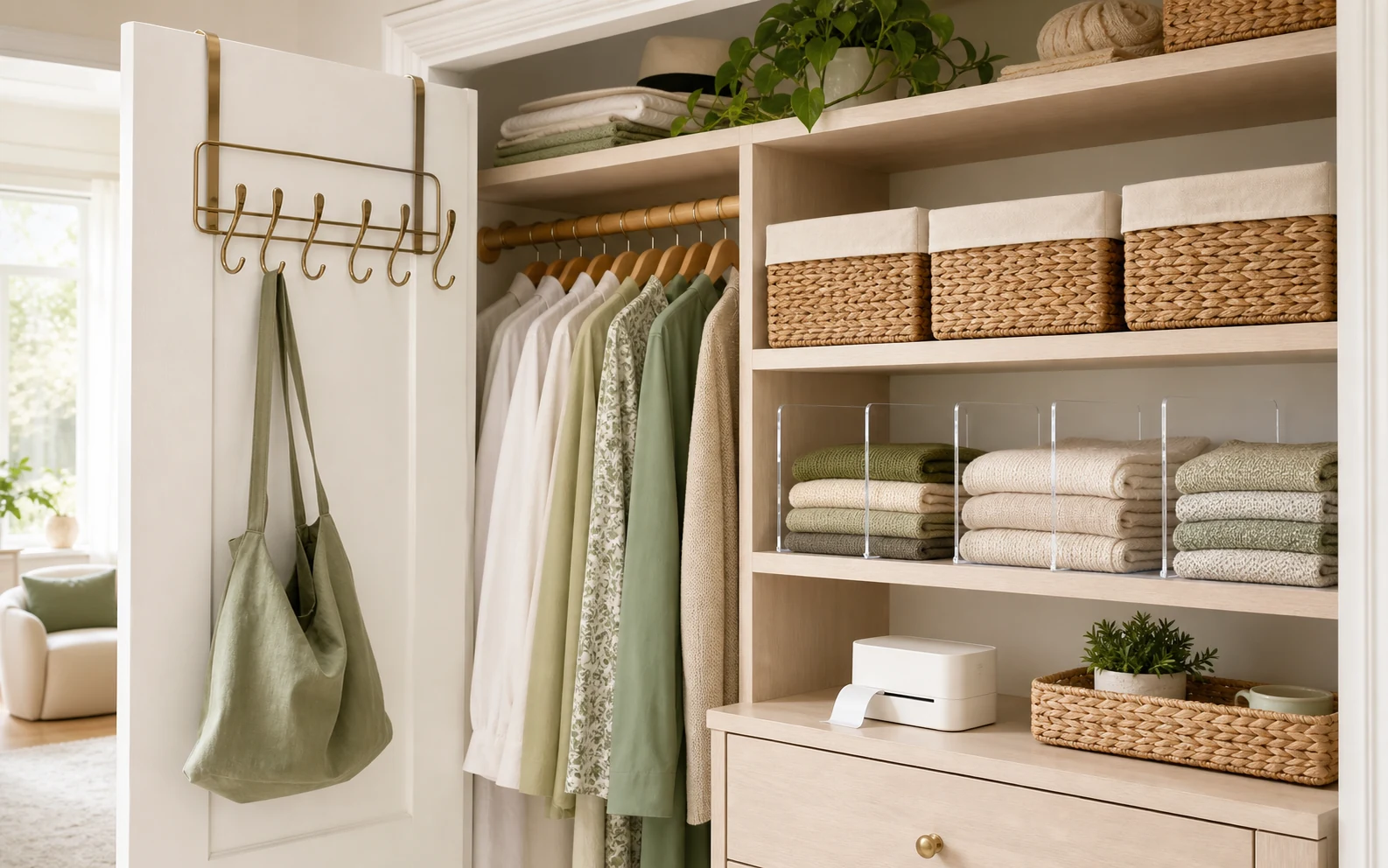 Styled closet with woven storage bins, shelf dividers, hook rack and label maker
