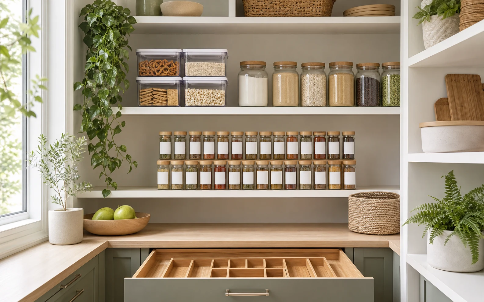 Styled pantry with clear stackable bins, glass canisters, spice jars and drawer tray
