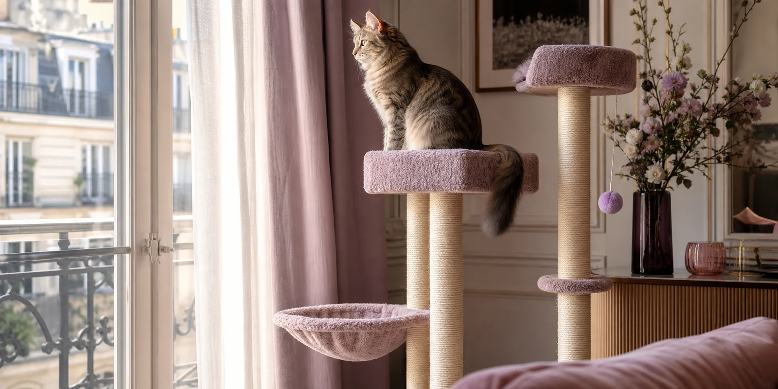 Cat perched on a cat tree by a sunny window