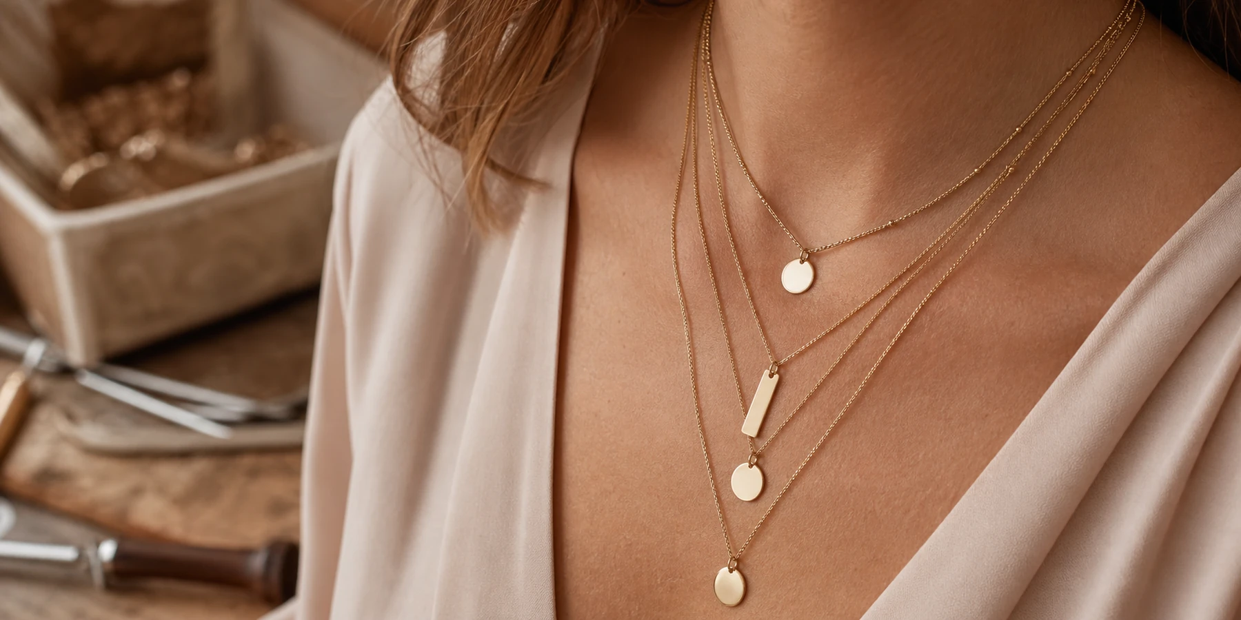 Layered personalized necklaces with initial charms on a neck