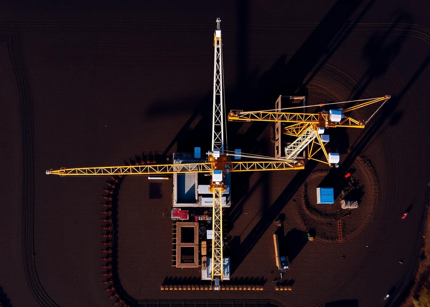 Top-down aerial view of construction site with cranes
